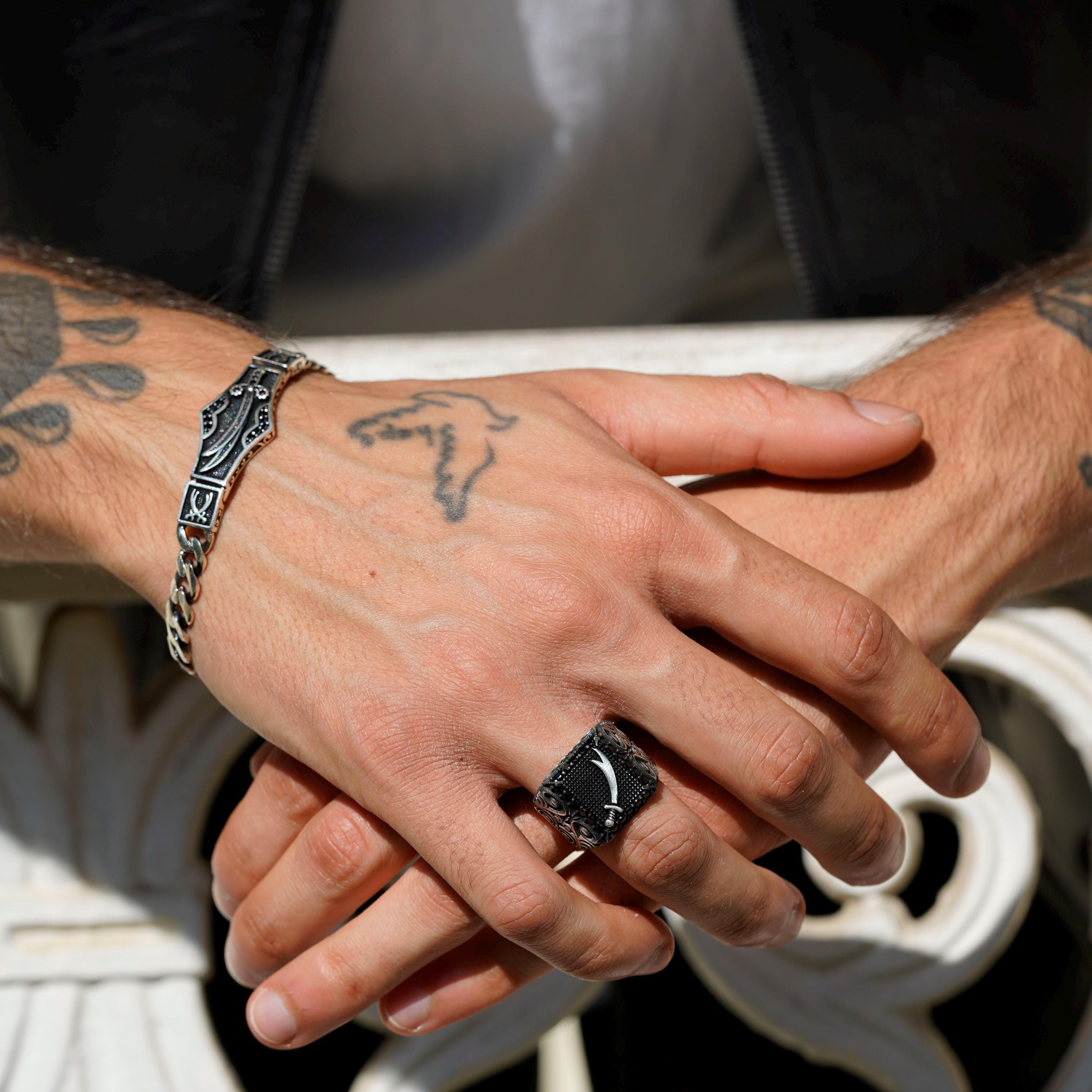 Men's Sterling Silver Zulfiqar Sword Ring – Black Stone Ottoman