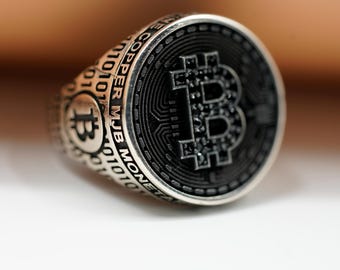 Silver Bitcoin Ring for Men, Cryptocurrency Jewelry, Blockchain Crypto Coin Band, Silver Tech Style Statement Ring, Gift for Crypto Lovers
