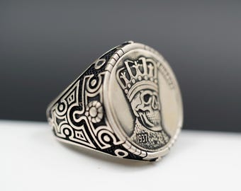 King Skull Coin Ring – Gothic Silver Biker Ring for Men, 1937 Vintage Style Sterling Silver Ring, Handmade Rebel Jewelry Gift, Coin Ring
