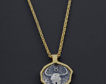 Collar chapado en oro Tauro de plata de ley 925K, joyería del horóscopo, colgante Tauro, joyería única del horóscopo, collar Tauro unisex, venta