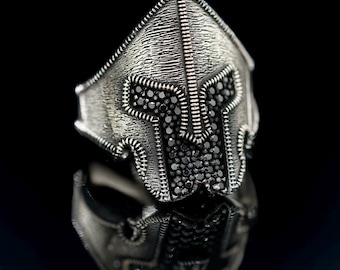 Handmade Sterling Silver Warrior Helmet Ring: Black Stone Medieval Knight Design