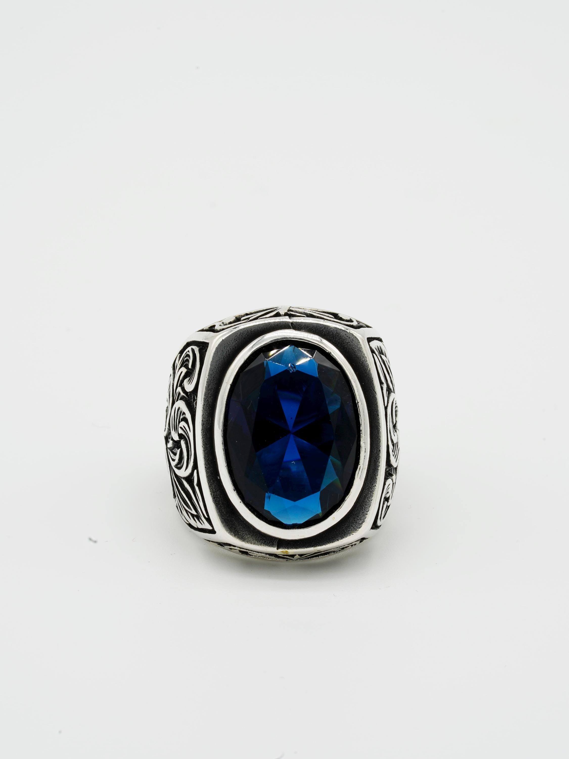 Anello Uomo Argento 925 Con Pietra Firuze Blu Scuro - Fatto A Mano, Taglia Unica