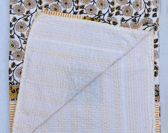 Hand Block Print Kantha Quilt: Floral Vine Cotton Bedspread (Queen US)