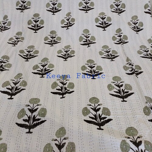 Kantha Quilt Green Floral Handmade Kantha Blanket Hand Block Etsy