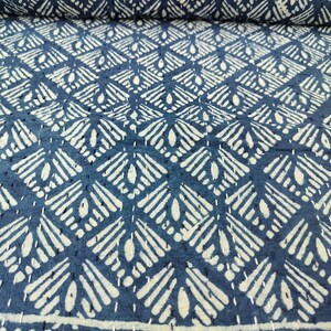Blue Leaf Block Print Kantha Quilt, Handmade Cotton Bedspread from Jaipur, Indian Boho Bedding Throw Blanket, Indigo Pattern Quilt