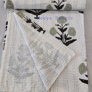 Kantha quilt green floral kantha bedspread green kantha handmade quilt hand block print kantha blanket cotton quilt queen bedspread green