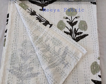 Kantha quilt green floral kantha bedspread green kantha handmade quilt hand block print kantha blanket cotton quilt queen bedspread green