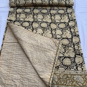 Black & White Indian Cotton Kantha Quilt: Handmade Bedspread Throw