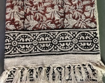 Indian Throw blanket bohemian mud cloth bedcover with tassels - hand Loomed block print cotton sofa throw for living room Gift for her/him