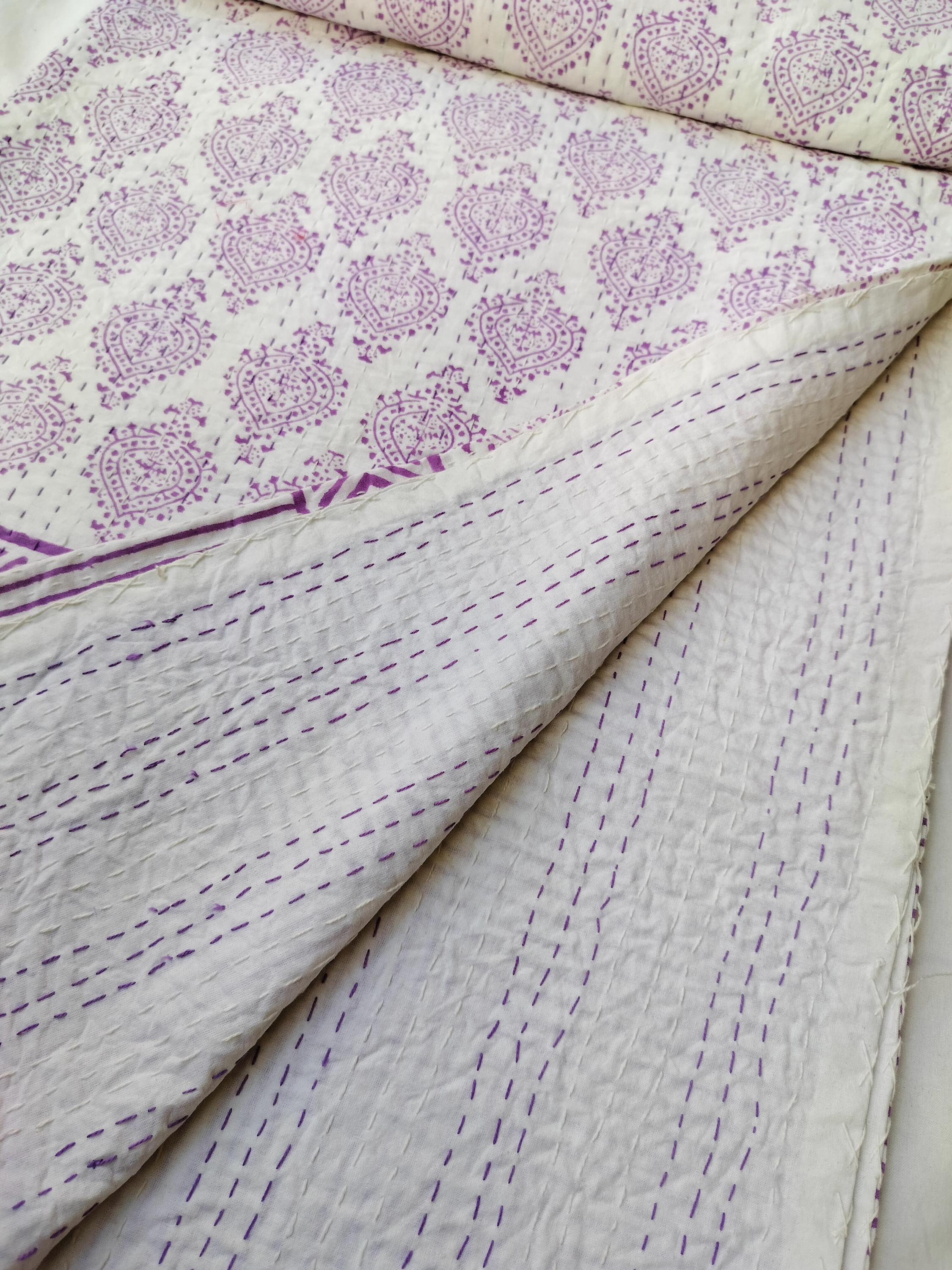 Purple Indian Cotton Kantha Quilt Handmade Kantha Bedspread Bedding Throw Block Print Purple And White Kantha Coverlet Kantha Crafts Quilts.