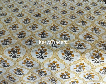 Yellow Floral Kantha Quilt: Hand Block Print Indian Cotton Bedspread