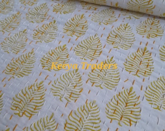 Yellow Leaf Kantha Quilt: Hand Block Print Indian Cotton Bedspread