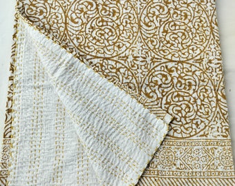 Indian Kantha Quilt Brown Summer and Winter Bedspreads Kantha Quilt Queen Hand Block Print Handmade Kantha King/Queen/Twin Kantha Craft