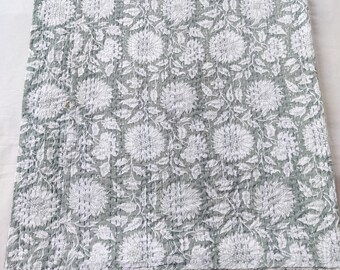 Handmade Floral Kantha Quilt: Grey Indian Cotton Bedspread