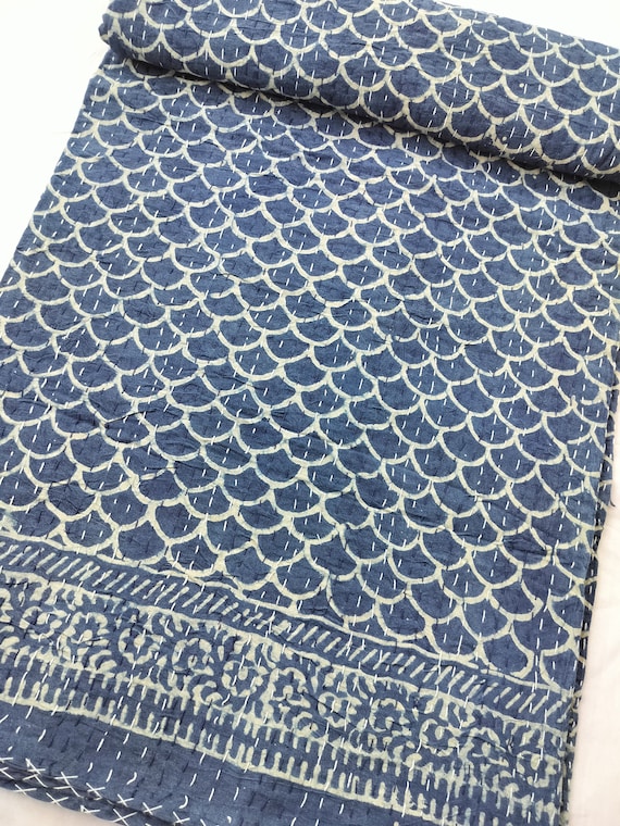 Gris Oiseau Imprimé Kantha Quilt Fait à la main Coton Kantha Couvre-lit