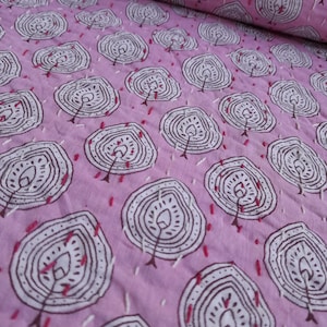 Pink Kantha Quilt Beautiful Pink Floral Kantha Cotton Bedspread Kantha Throw Blanket Handmade Kantha Queen Size Quilt Indian Block Print