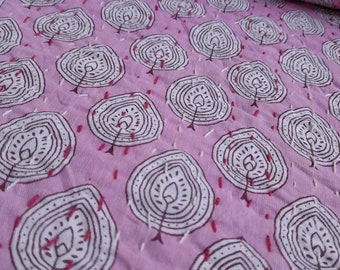 Pink Floral Kantha Quilt: Handmade Indian Block Print Cotton Bedspread