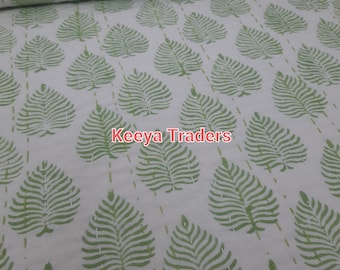 Handmade Green Leaf Kantha Quilt: Indian Block Print Bedspread