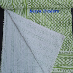 Kantha Quilt Green Hand Block Print Green Leaf Floral Block Print Kantha Bedspread kantha throw Quilt king/Queen size bedcover bedding throw