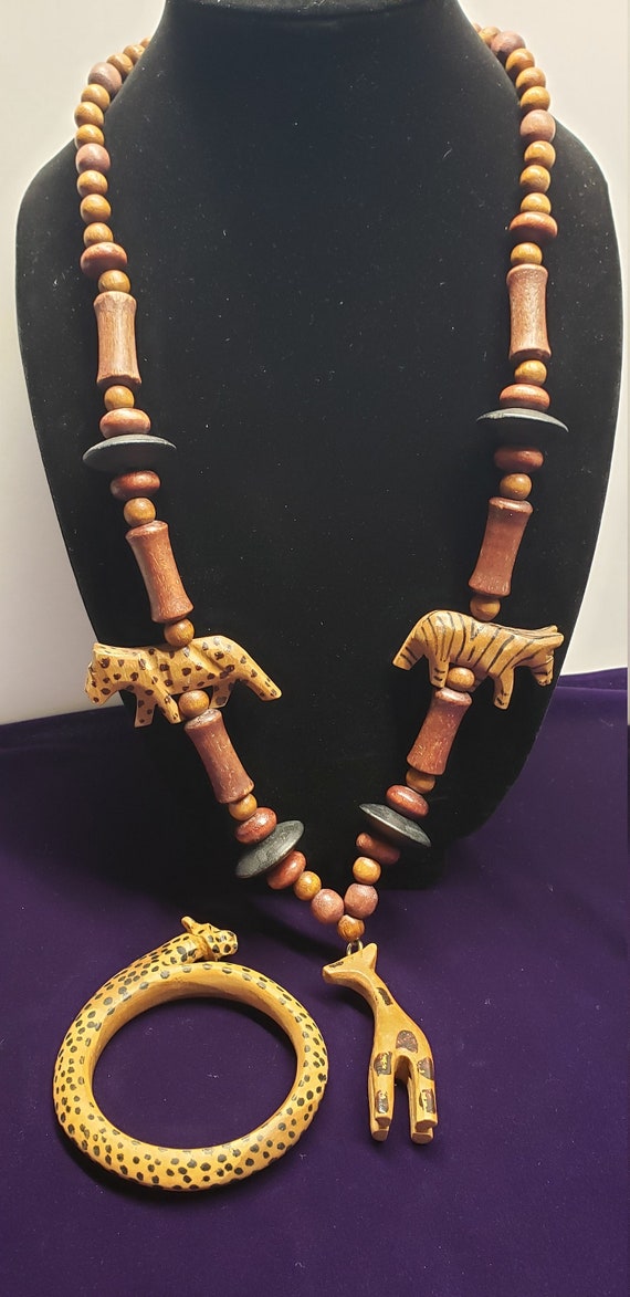 Vintage African hand carved wooden animal necklace