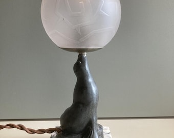 Original Art Deco Sea Lion Lamp, French Marble Base