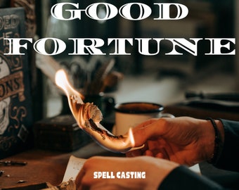 Może przedstawiać: Ręka trzyma płonący kawałek papieru, na którym widnieją słowa "GOOD FORTUNE" i "SPELL CASTING".