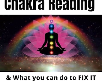 Puede incluir: Una silueta negra de una persona sentada en posición de loto con siete chakras representados por círculos de colores a lo largo de la columna vertebral. La persona está rodeada por una flor de loto rosa y un arcoíris. El texto "Chakra Reading & What you can do to FIX IT" está en la parte inferior de la imagen.