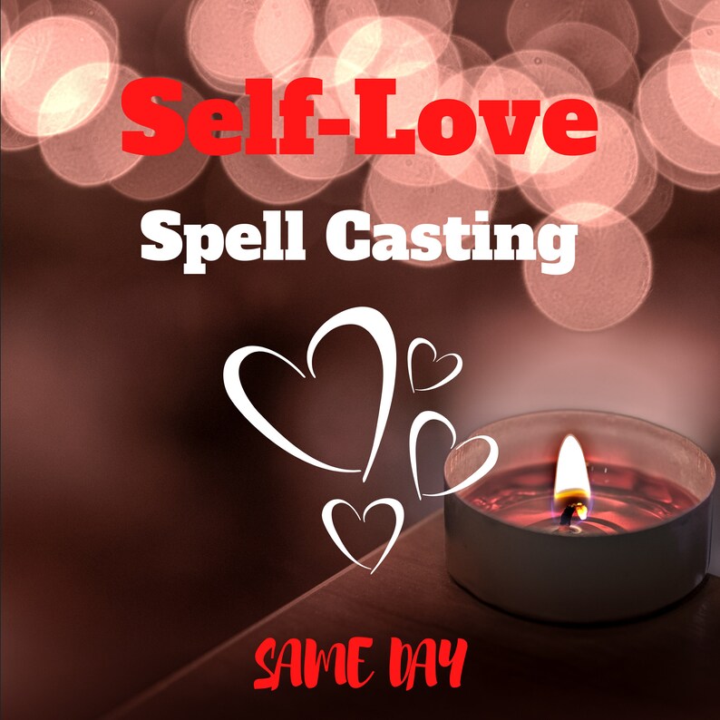 May include: A candle with a red wax pool and a single flame sits on a wooden surface. The background is blurred and features a bokeh effect with pink and white lights. The text "Self-Love Spell Casting SAME DAY" is visible in red letters.