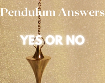Può includere: Un pendolo dorato con una punta appuntita appeso a una catena. Il testo "Pendulum Answers YES OR NO" è scritto in lettere bianche su uno sfondo dorato.