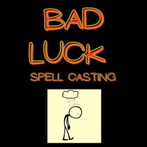 Könnte beinhalten: Schwarzer Hintergrund mit den Worten "BAD LUCK SPELL CASTING" in Orange und Gelb. Darunter ein gelbes Quadrat mit einer Strichmännchenfigur unter einer Regenwolke.