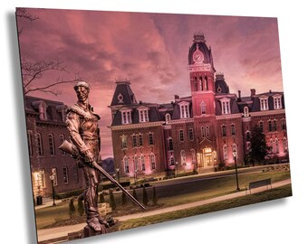 Woodburn Hall WVU with Mountaineer Statue | West Virginia University iconic scene with Mountaineers statue in sepia | Graduation gift print