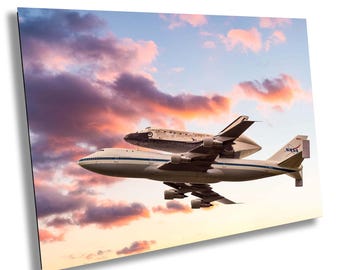 NASA Space Shuttle Discovery Print, Boeing 747 Carrier Aircraft Photo, DC Flyover Sunset Art, Historic Space Exploration Wall Decor