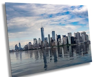 Lower Manhattan Skyline Print, One World Trade Center Wall Decor, NYC Cityscape Water Reflection Photo, New York City Art
