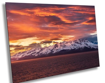 Alaska Sunset Print: Ocean, Mountains, Sunlit Clouds