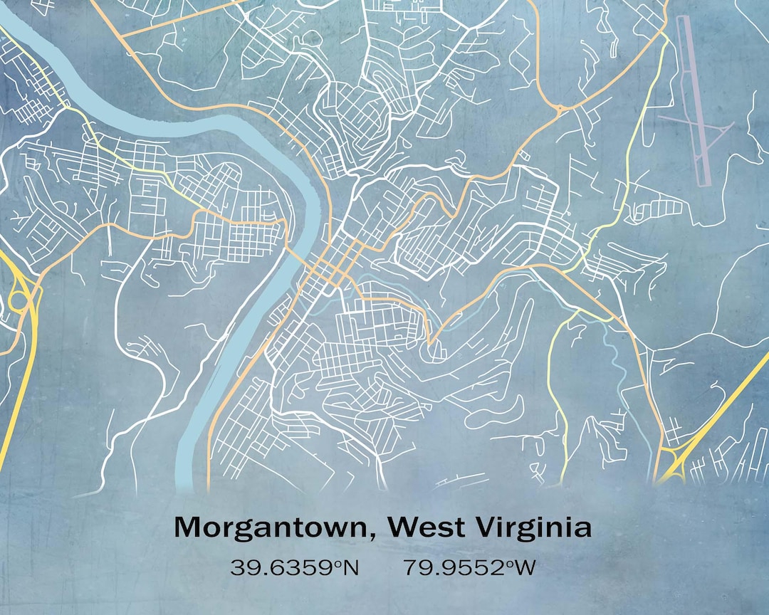 Morgantown Map Print Poster Canvas West Virginia Map Print Poster Il 21hp 