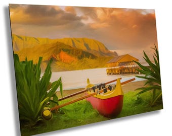 Hanalei Bay Sunrise Pastel drawing: Kauai Outrigger Hawaiian Canoe Art
