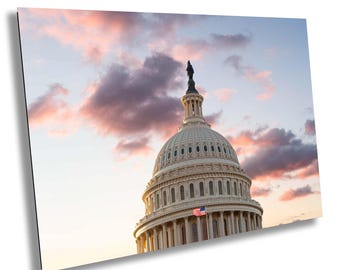 US Capitol Building Dome Print, Washington DC Sunset Photography, American Flag Wall Art, Historic Monument Fine Art Photo