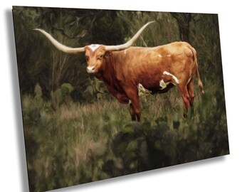 Texas Longhorn Steer Art Print, Painterly Western Decor, Majestic Long Horn Cow Painting, Rustic Farmhouse Wall Art, Texas Ranch Decor Art