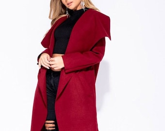 Wine Plus Size Waterfall Collar Belted Duster Coat