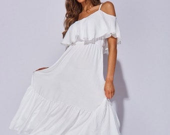 Womens White Tiered Cold Shoulder Strappy Maxi Dress