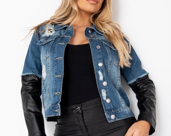 Womens Mid Blue Faux Leather Denim Jacket