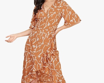 Brown and White Scribble Print Wrap Midi Dress