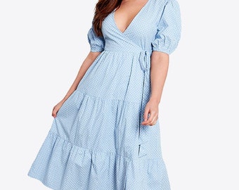 Blue Spot Cotton Wrap Midi Dress