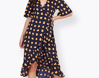 Womens Navy Orange Puzzle Spot Print Wrap Frill Hem Midi Dress