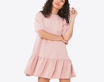 Womens Pink Dropped Peplum Hem Dress With Puff Sleeves