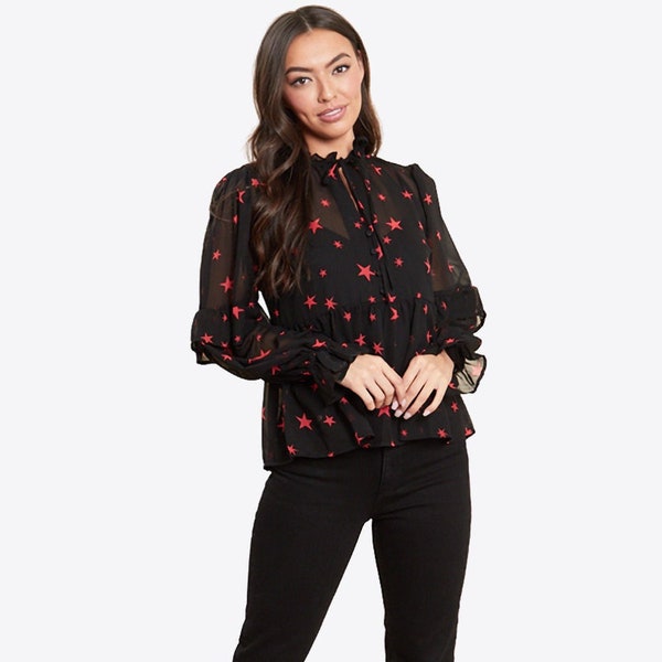 Womens Black With Red Star Ruffle Detail Blouse