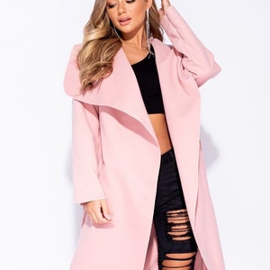 Pink Plus Size Waterfall Collar Belted Duster Coat