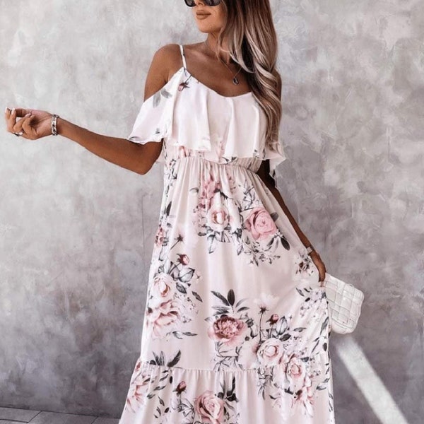 Womens Off White Floral Frill Detail Kalte Schulter Maxi Kleid