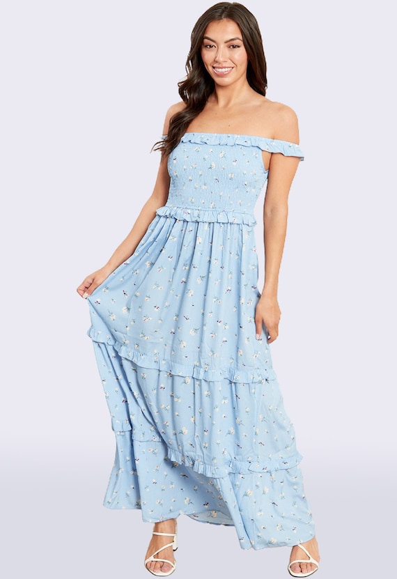 Dusty blue bardot frill hem hotsell midi dress