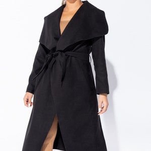 Womens Black Regular Size Italian Waterfall Collar Belted Duster Coat